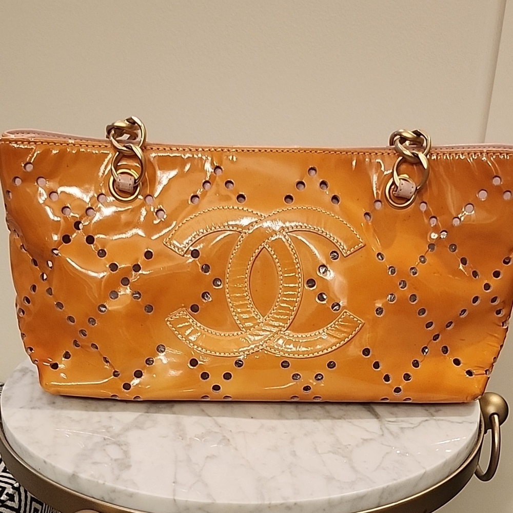Chanel Shiny Orange And Pink Patent Leather Perforated Shoulder Bag